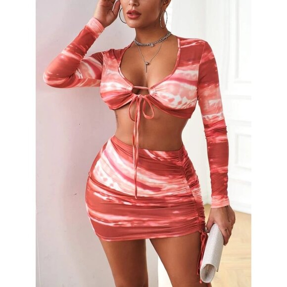 Shein Tie Dye Knot Front Top With Drawstring Bodycon Skirt - Size XL - Picture 1 of 15